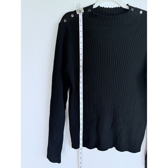 St John Women's Black Knit Ribbed Mock Neck Long Sleeve Top with Button Shoulder - Picture 6 of 8